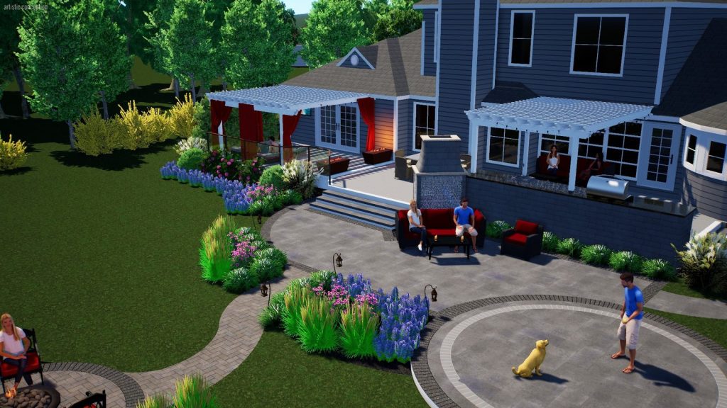 Ground-level 3D rendering of a backyard pergola, paver patio, perennial garden beds, and fire pit in the Hudson Valley