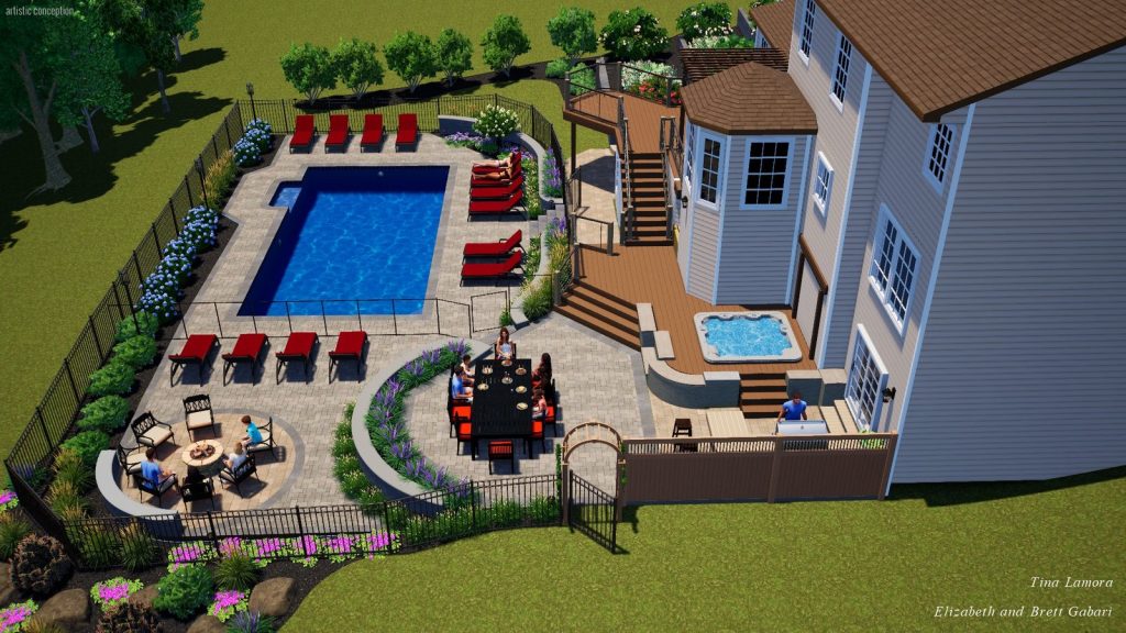3D landscape design rendering of a backyard inground pool, paver patio, multi-level deck, and spa in Poughquag, Dutchess County NY by Dutchess Lawns & Masonry