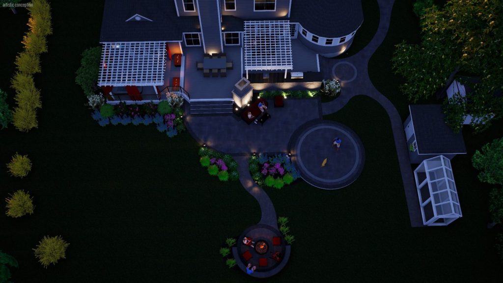 Overhead night 3D landscape design of a paver patio, pergola, fire pit, and illuminated walkway with garden beds