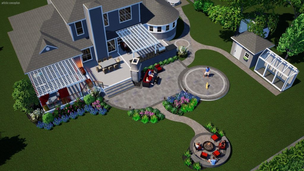 3D landscape design of a paver patio with white pergolas, a circular fire pit lounge, curved walkways, and garden beds in Dutchess County, NY