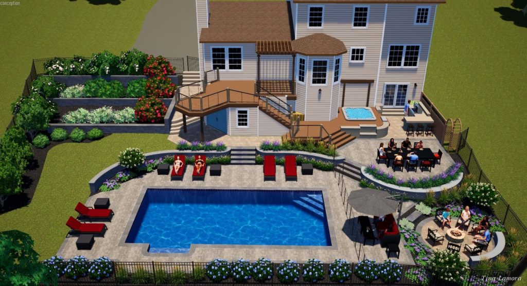 3D rendering of an inground pool surrounded by a paver patio with tiered garden retaining walls and outdoor dining in Dutchess County, NY