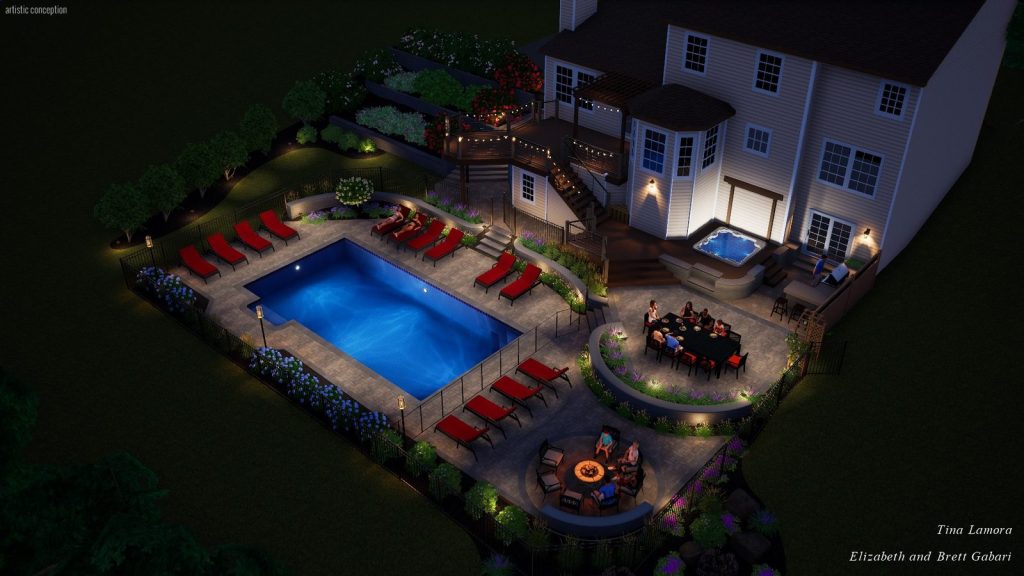 Evening 3D landscape design rendering of a backyard pool, deck, spa, and outdoor dining area lit at night in Dutchess County, NY