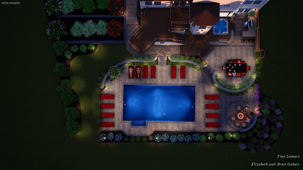 Overhead nighttime 3D design view of an inground pool, patio loungers, and fire pit lounge with landscape lighting